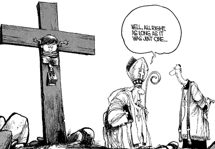 catholic church sex abuse scandal priest bishop boy on cross cartoon Michael Ramirez los angeles times