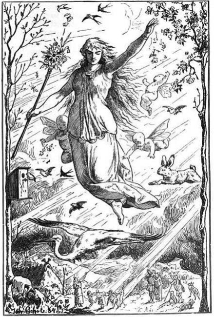 Eostre Ostara (1884) by Johannes Gehrts. The goddess flies through the heavens surrounded by Roman-inspired putti, beams of light, and animals.