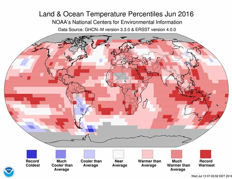 June 2016 Blended Land and Sea Surface Temperature Percentiles